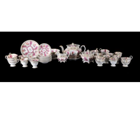 A Ridgway porcelain rococo revival part tea service, circa 1835, painted with bouquets of flowers within puce and gilt shaped