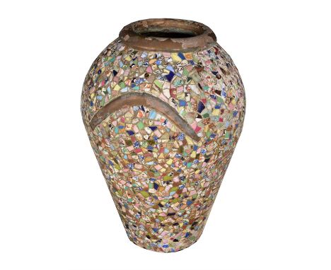 A large pottery and mosaic pot, the body applied with ceramic fragments, 83cm high Provenance: Private Collection from a Grad