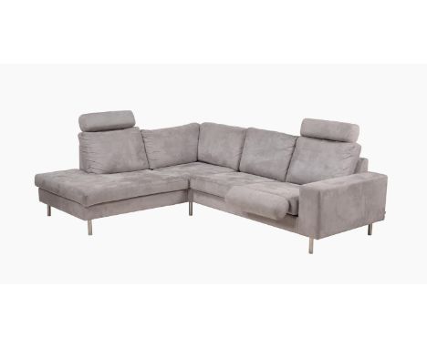 Boconcept, Denmark, a grey upholstered corner sofa, modern, on brushed metal legs, with removable seat, back, and headrest/fo