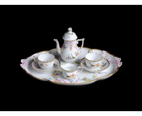 A modern Herend porcelain 'Mediterranean Garden' pattern tête-à-tête part coffee service, comprising: an oval tray; two cups 