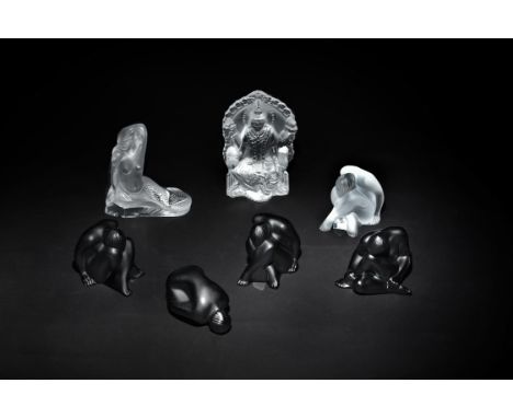 Lalique, Cristal Lalique, a group of seven modern glass figures, comprising; Nu Assis, a pair of black frosted glass models o