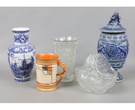 A collection of ceramic and glassware to include German stoneware vase and cover, Crown Ducal pitcher, Delft vase etc.