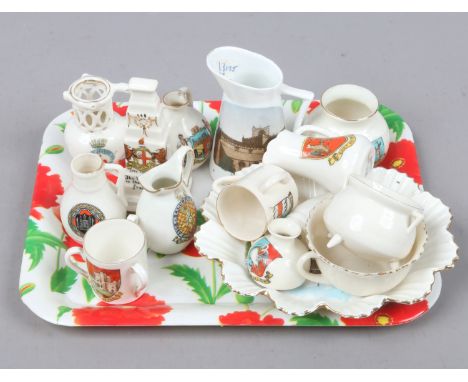 A tray of mixed crested china including Goss, Carlton, Gemma and Swan.