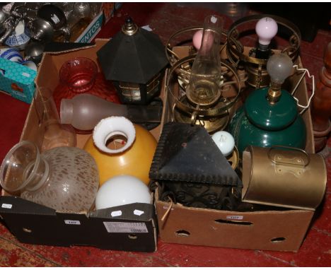 Two boxes of tablelamps, oil lamp shades etc.