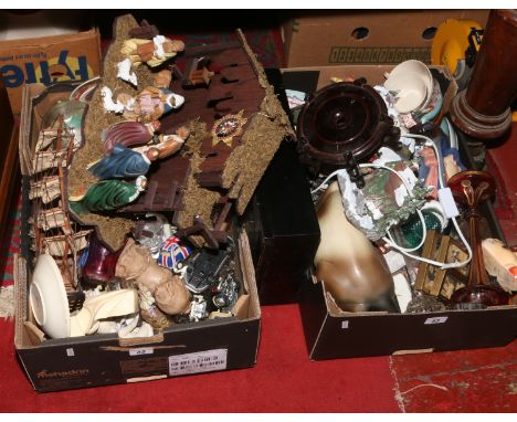 Two boxes of miscellaneous and a wall clock, including model nativity scene, cranberry coloured glass and Spode etc.