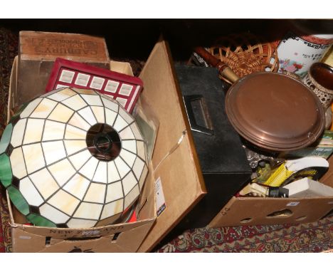 Two boxes of miscellaneous and collectables and a case of records, including Tiffany style lamp shade, White metal candle pri