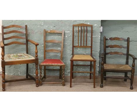 A collection of chairs to include bergere seat two arm chairs and a barleytwist ladder back.