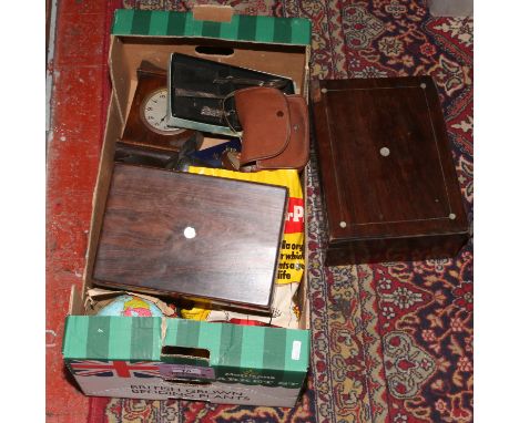 A box of miscellaneous including two antique rosewood boxes, childs tin plate globe and a mantel clock etc.