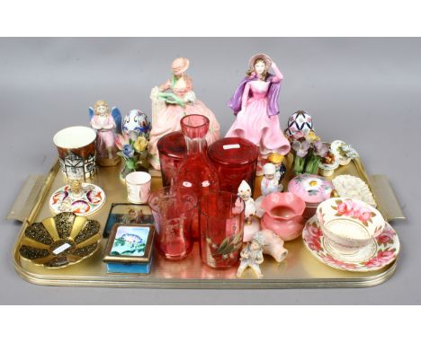 A tray of ceramics, glass and collectables including Royal Doulton figures Kate Hardcastle, cranberry glass and Royal Worcest