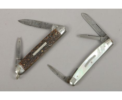 Two multi blade folding pocket knife, one with antler scales by H. Boker & Co. Solingan the other with mother of pearl scales