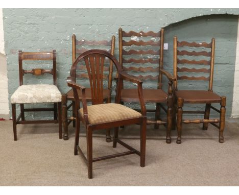 A Harlequin set of five chairs to include three ladder back, Victorian example with upholstered seat and reeded supports and 