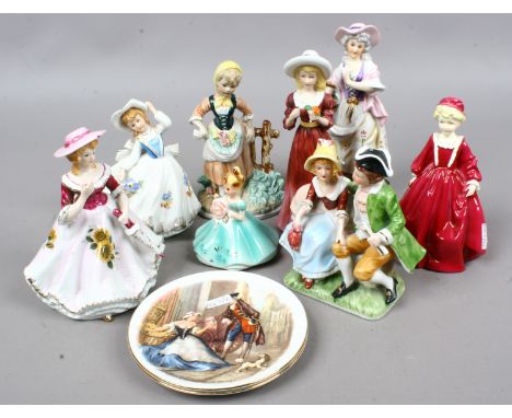 A Royal Worcester figure, Grandmothers dress, seven other china figures and two cabinet plates.