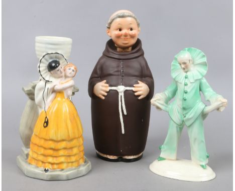 A large Goebel monk ceramic decanter, along with two ceramic Pierrot figures, one by Myott & Son.
