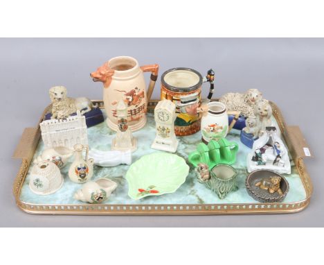 A tray mixed ceramics to include crested ware, Wade, hunting jugs etc.