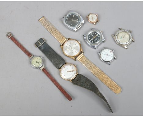 A box of ladies and gents manual wristwatches, watch heads and parts spares or repair.