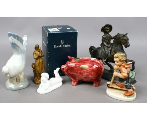A mixed collection of metal and ceramic figures including a boxed Royal Doulton Images figure and a Valencia model of a dove.