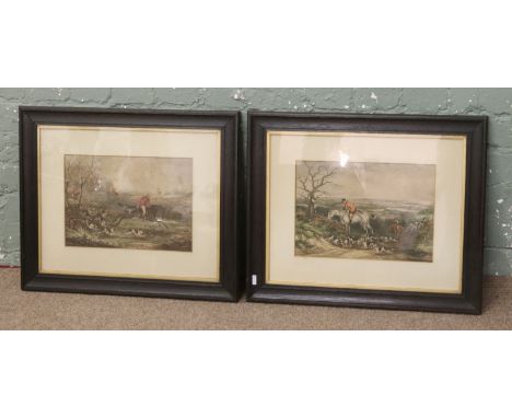 After Henry Alken, a pair of Edwardian oak framed coloured fox hunting prints.