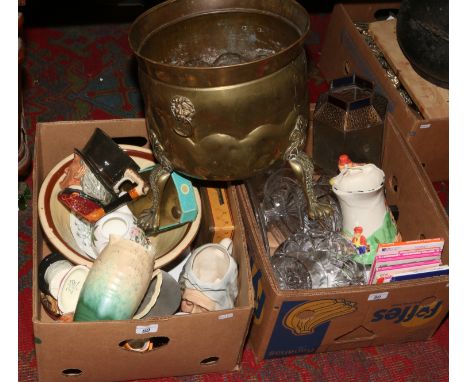 Two boxes of miscellaneous including Beswick, Royal Doulton, glassware, ordnance survey maps and weighing scales.