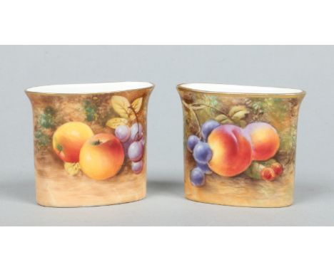 A pair of Royal Worcester ovoid bud vases with everted rims painted with fruit. Both signed, one Smith and one indistinct. Bl