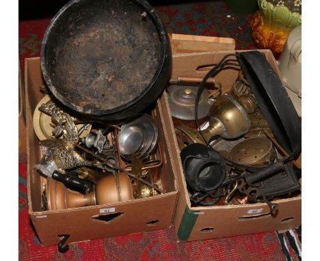 Two boxes of metalwares to include oil lamp bases, miners lamp, copper tankards, cauldron etc.