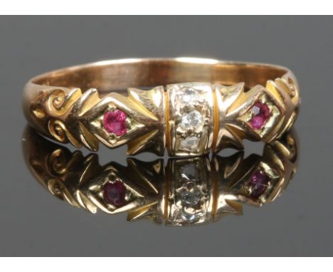 A Victorian 15ct gold ruby and diamond ring, size T.