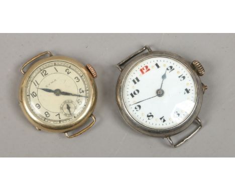 A gold plated Cyma watch head with subsidiary seconds and a silver cased watch head with wire lugs and enamel dial Cyma watch