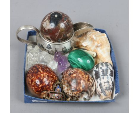 Assorted collectables including silver plated and niello inlaid jug, seashells, polished marbles, enamel buckles, Chinese roc