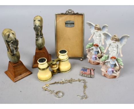 A group of collectables to include opera glasses Indian horn carvings, silver plate easel photo frame etc.