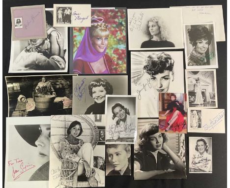 A group of vintage Hollywood actress autographs on mixed media comprising BARBARA EDEN, SOPHIA LOREN, BARBARA STANWYK x 2, BR