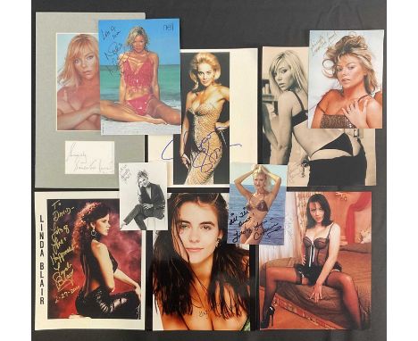 A group of autographed photos of female celebrities, mixed media, comprising ELIZABETH HURLEY, LINDA BLAIR, SHARON STONE, SAM