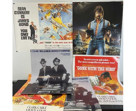 A group of vintage commercial movie posters comprising YOU ONLY LIVE TWICE (1967), THE BLUES BROTHERS (1980) x 2, GONE WITH T