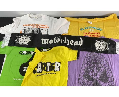 A group of vintage music merchandise clothing comprising a MOTÖRHEAD scarf, and T-Shirts for GLASTONBURY FESTIVAL '93, CARTER