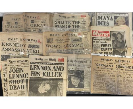 A collection of vintage newspapers featuring front pages and articles from iconic pop culture and historical events such as t