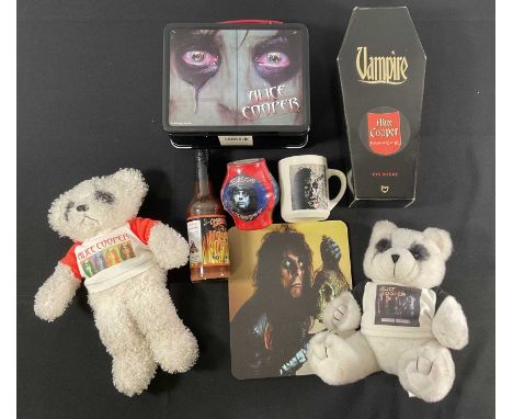 ALICE COOPER - A collection of Alice Cooper memorabilia comprising a 1988 vintage of Vampire Wine still corked, in its coffin