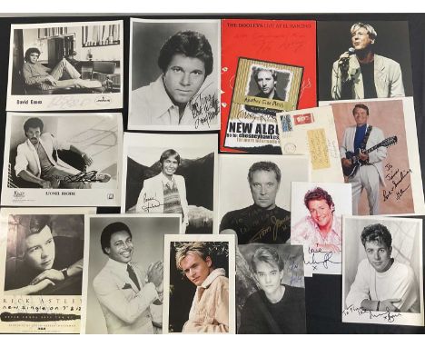 A selection of male musician autographs mostly 8" x 10" photographs to include THE BEE GEES, TOM JONES, RICK ASTLEY, LIONEL R
