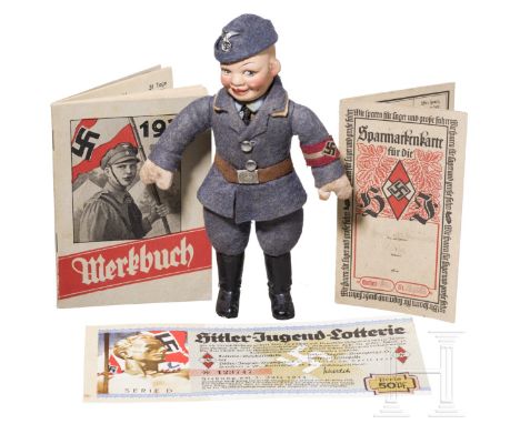 HJ-Fliegerpuppe in Uniform, Merkbuch von 1936, Hitlerjugend-Lotterieschein sowie Sparmarkenkarte  Ein Puppe, 30er Jahre, Mass