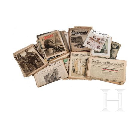 Kleine Sammlung Zeitschriften  Drei Schachteln, darin verschiedene Zeitungen: "Das Reich", "Illustrierter Beobachter", "Völki
