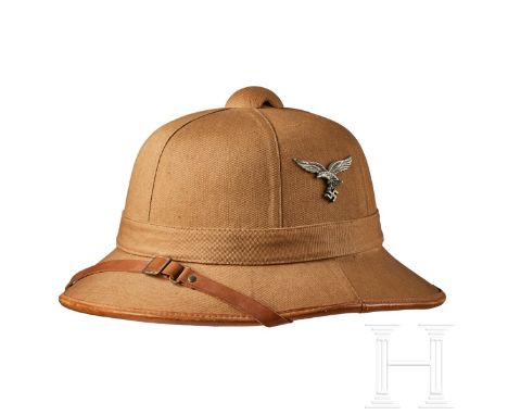 A Luftwaffe Tropical Helmet Shell body in khaki canvas, removable top vent, centre band with cloth slide at rear, light-brown