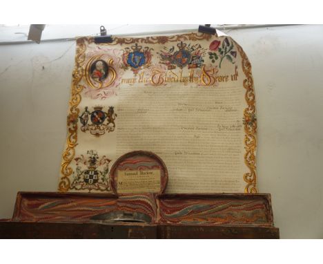 George III large illuminated manuscript with seal &amp; original box - please see photographs 