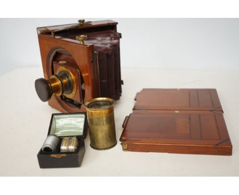 A Sharp &amp; Hitchmough plate camera with Taylor, Taylor &amp; Hobson lens casket &amp; additional lens 