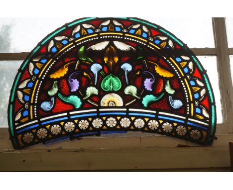 6 Victorian leaded light panels recovered from Bank street chapel Bolton 71 cm wide