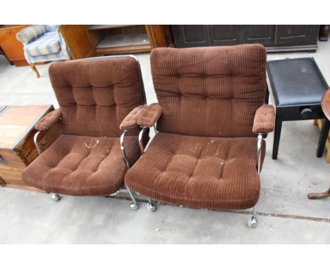 A PAIR OF 1970'S EASY CHAIRS ON TUBULAR POLISHED CHROME FRAME AND LEGS 