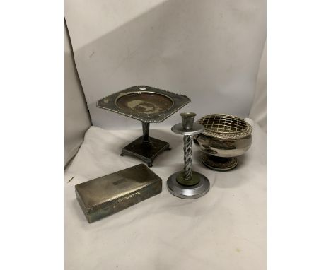 THREE SILVER PLATE ITEMS TO INCLUDE A TAZZA, ROSE BOWL, CANDLESTICK AND AN EPNS ARISTOCRAT CIGAR BOX 