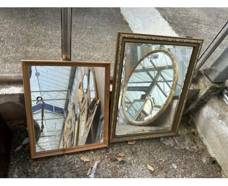 A MODERN GILT FRAMED WALL MIRROR, 22" X 17.5" AND A PINE FRAMED MIRROR 