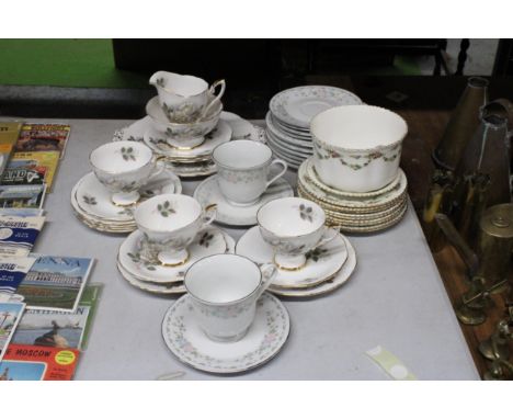 A QUANTITY OF VINTAGE TEAWARE TO INCLUDE ROYAL STANDARD CAKE PLATES, CREAM JUG, SUGAR BOWL, CUPS, SAUCERS AND SIDE PLATES, PL