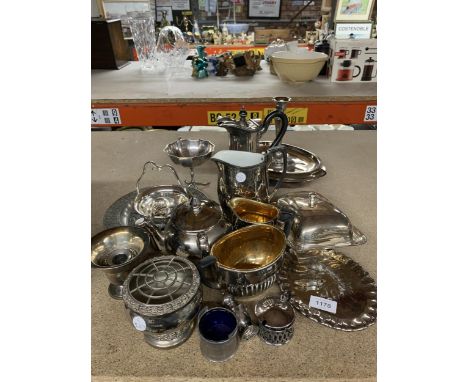 A LARGE MIXED LOT OF SILVER PLATE TO INCLUDE A CANDLE STICK, BUTTER DISH, ROSE BOWL, CAKE PLATE ETC, PLUS CERAMIC SILVER COLO
