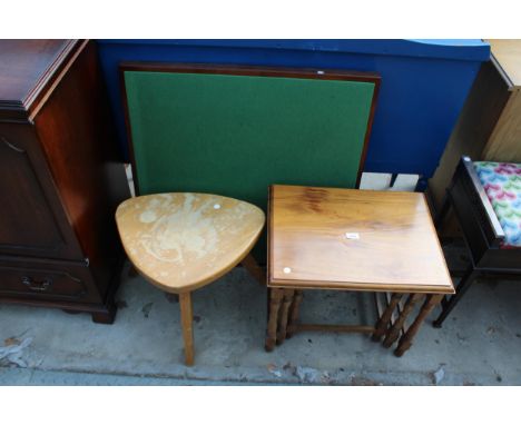 A NEST OF THREE TABLES, FOLDING CARD TABLE AND A MODERN ELM STOOL 