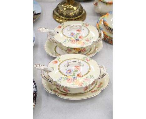 TWO VINTAGE JOHNSON BROS 'PAREEK', SMALL LIDDED TUREENS WITH SAUCERS AND LADELS 