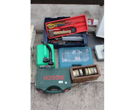 AN ASSORTMENT OF TOOLS TO INCLUDE A BOSCH DRILL, A DRILL BIT SET AND A TOOL BOX WITH AN ASSORTMENT OF HAND TOOLS 