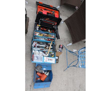 FOUR VARIOUS TOOL BOXES WITH AN ASSORTMENT OF TOOLS TO INCLUDE SCREW DRIVERS, SPANNERS AND A WOOD PLANE ETC 